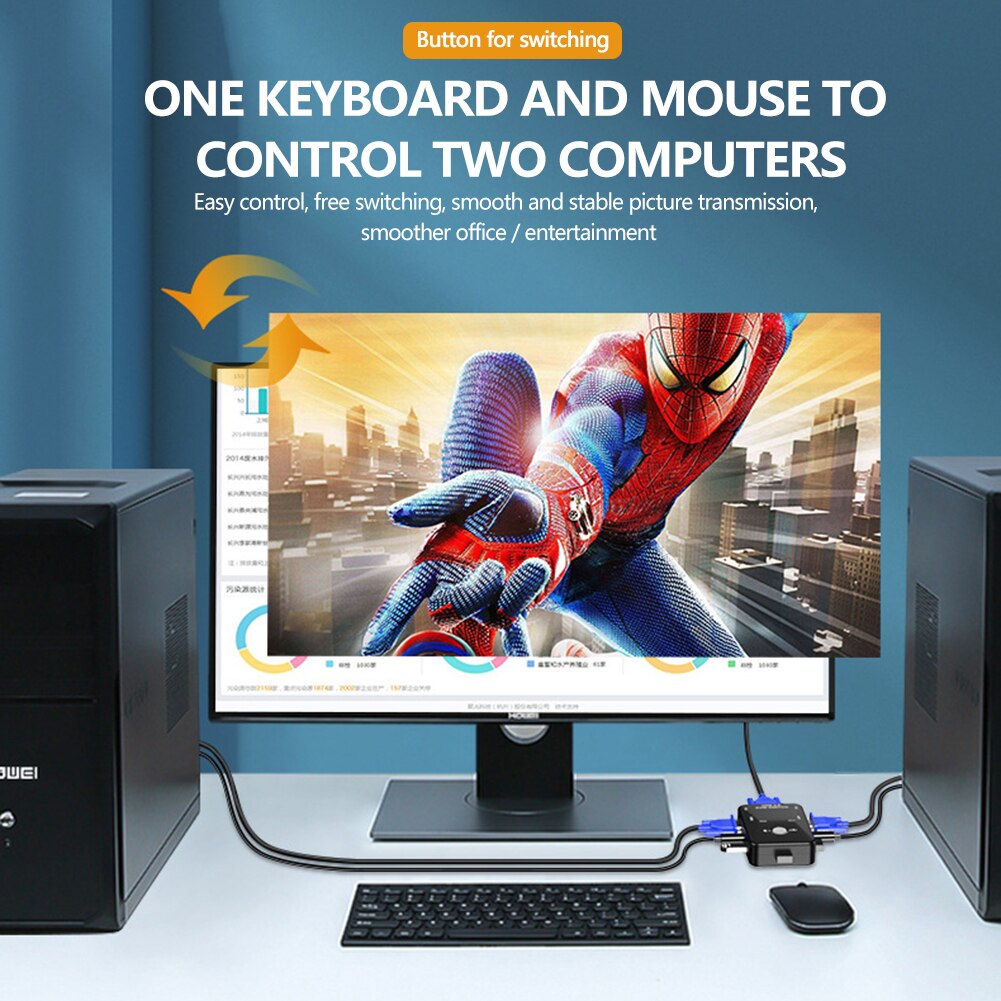 USB KVM Switch Box with 2 Ports 2 in 1 VGA Out Manual Switcher for Computer PC Laptop Monitor Keyboard Mouse Control