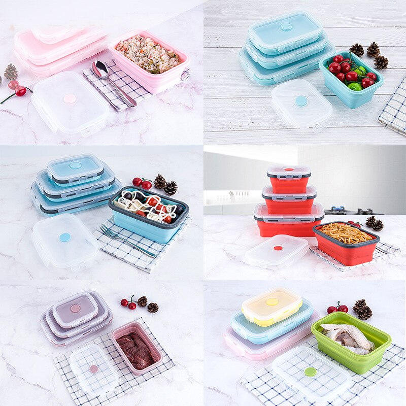 3pcs Silicone Collapsible Lunch Box Food Storage Containers Microwave Freezer Safe Lunch Box Outdoor Picnic Travel Containers