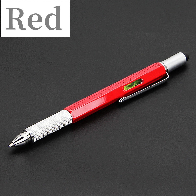 Bolígrafo multifunción 7 en 1, herramienta de mano moderna, regla técnica de medida, destornillador, pantalla táctil, Stylus Spirit Level,: Rojo