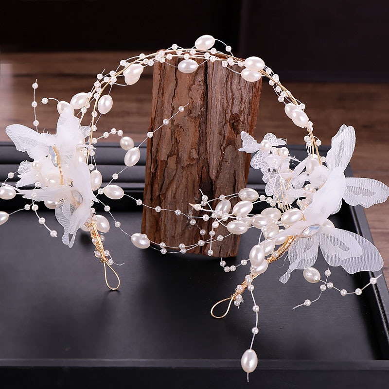 FORSEVEN White Silk Handmade Butterfly Headband Tassel Earrings Bride Tiaras Headpiece Wedding Hair Accessies Jewelry Set JL