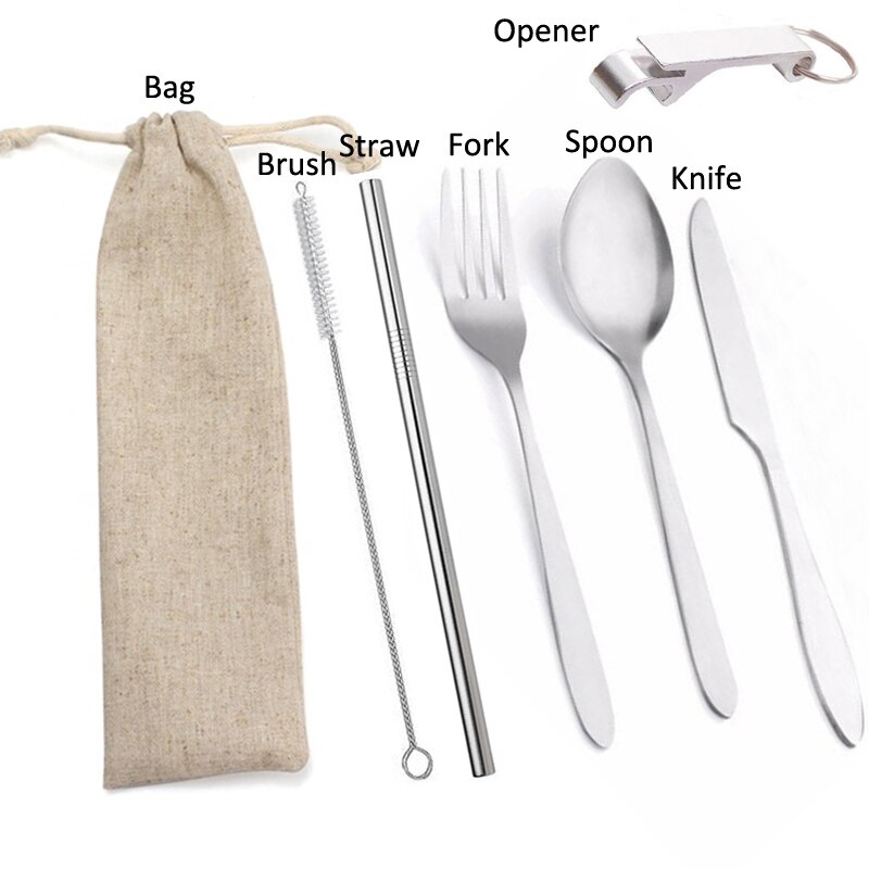 Camping bestik sæt bærbart rustfrit stål gafler knive skeer udendørs rejse bestik picnic service med taske: Beige