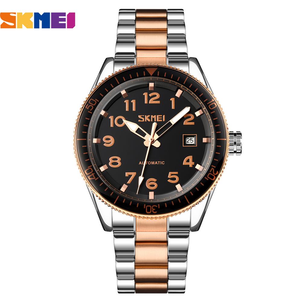 Skmei Top Luxe Horloges Mannen Bussiness Stijl Mechanische Horloge Roestvrij Staal Automatische Horloge Voor Mannen Reloj Hombre: Silver Gold-Black