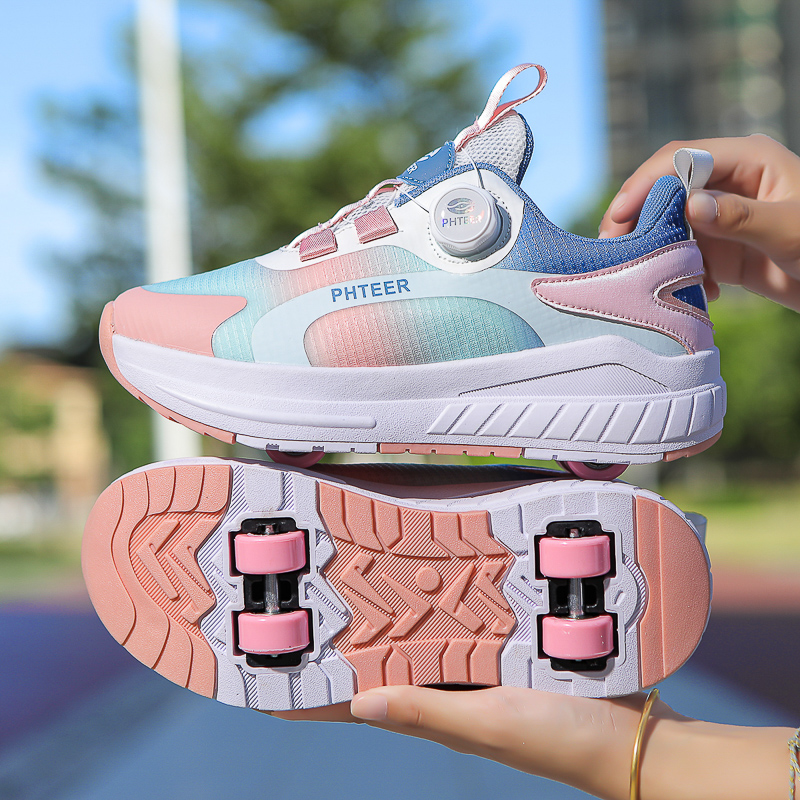 Mode 4-wiel rolschaatsen sneakers voor studenten kinderen outdoor wielschoenen Multifunctionele sportschoenen: Beige / 18.5