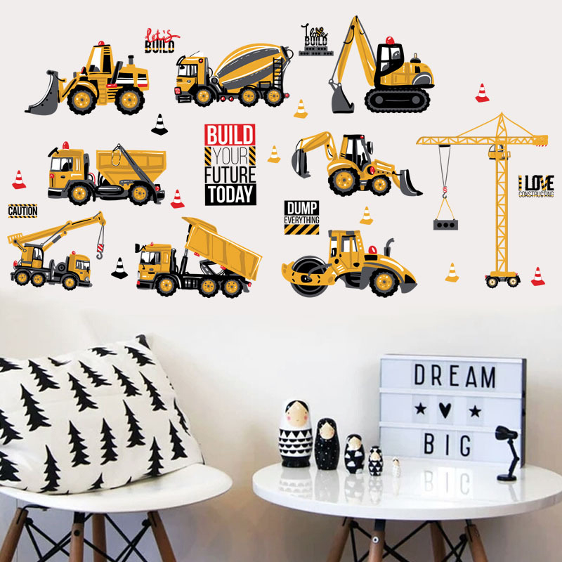 Cartoon Excavator Construction Wall Decals Baby Boy Nursery Kids Room Stickers Decoration PVC With Double-sided Visible Pattern