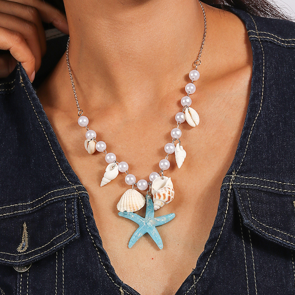 Nueva Shell estrella de mar gargantilla collares multicapa perla collares llamativos para mujer playa: Color acero