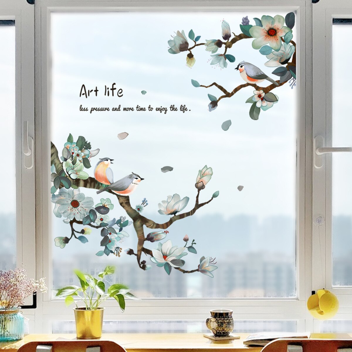 Ink Chinese Wind Branch Bird Glass Sticker Window Window Double-Sided Visual Decorative Wall Sticker