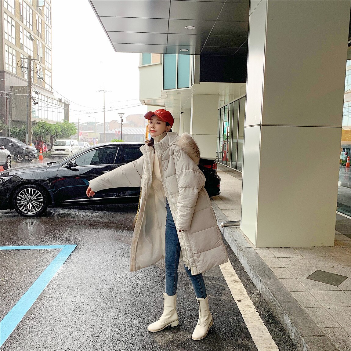 Autumn Women Female ultra Light Slim Thin Zipper Warm Feather Long Coat Good Qualit Hooded big fur collar chic down jacket: Beige / XL