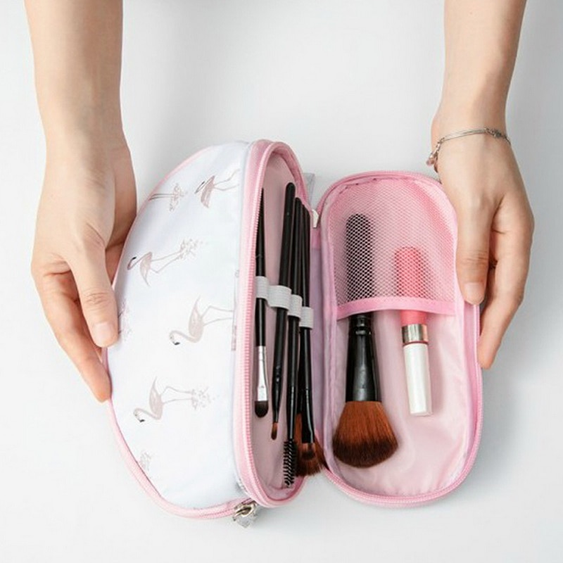 SHUJIN Portable Flamingo Cosmetic Bag Double Layer Travel Makeup Pouch Bags Circular Woman Make Up Bag Brush Organizer