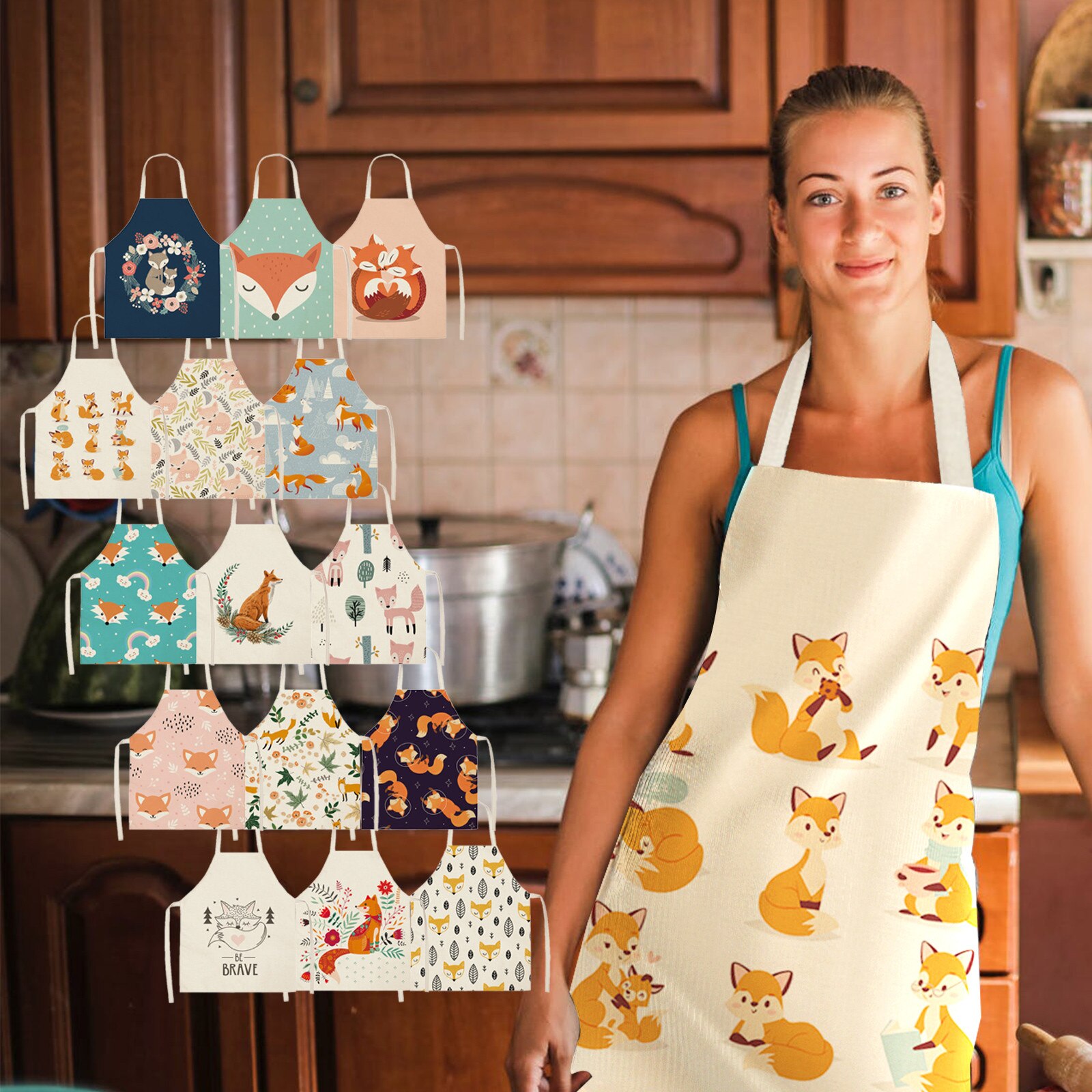 1Pcs Kitchen Cooking Apron Kitchen Lovely Cartoons Printed Home Sleeveless Cotton Linen Aprons for Men Women Baking Accessories