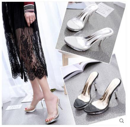 Women Slippers High Heeled 9.5CM Women Mules PVC Transparent Jelly Shoes Clear Open Toe Party Shoes Ladies Pumps