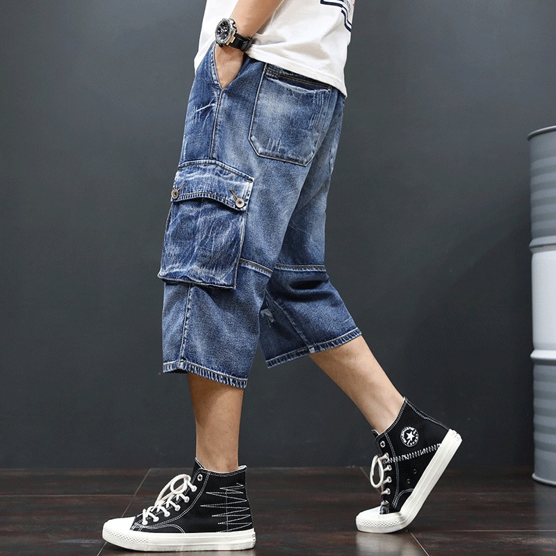 Herr streetwear sommar jeansshorts i bomull under knä lös passform casual cargo korta jeans hombre hip hop elastiska midja byxor