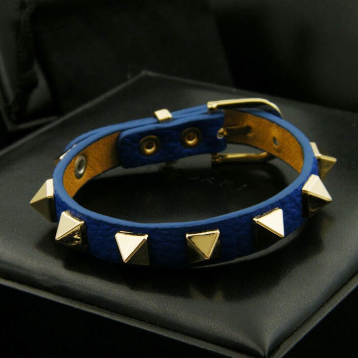 Estilo punk moda pico pulseira com couro do plutônio, luxo marca jóias pirâmide rebites pulseiras para presentes de casamento feminino: dark blue