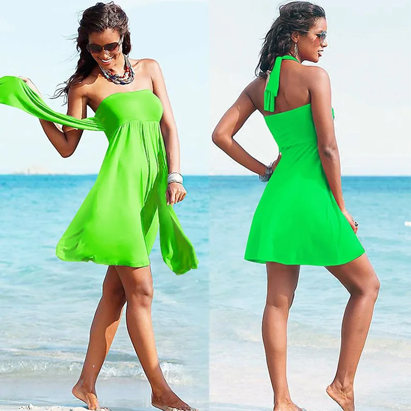 Beach Dress Cover Ups Swimsuit Swimming Sundress Beachwear Wear Pareo Crotch Tunic Woman Girl Bikini Bathing Suit Clothing VB007: M / Green