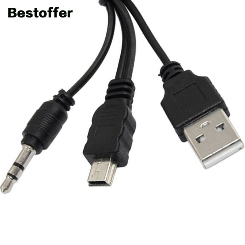 50cm Black USB 2.0 A to Mini B 5PIN+DC 3.5mm Male Plug Audio AUX Adapter Charger Cable Cord
