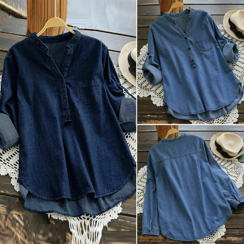 Dames casual denim blauw asymmetrisch lang overhemd tops knopen blouse plus maat 67jc