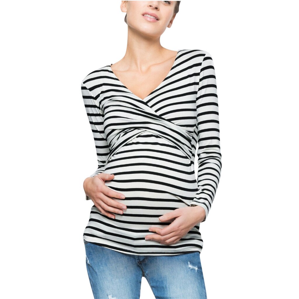 4 # Dames Moederschap Tees Zwangere Vrouwen Borstvoeding Streep Lange Mouw Tees Zwangere Tees Gestreepte T-shirt Zwangerschap T-shirt: WHITE / L