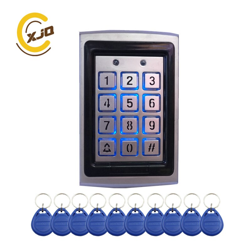 ! Xjq Rfid Metalen Toegangscontrole Toetsenbord Met Blauwe Achtergrondverlichting Kantoor Deur Access Controller + 10 Stuks 125 Khz keyfob Kaarten