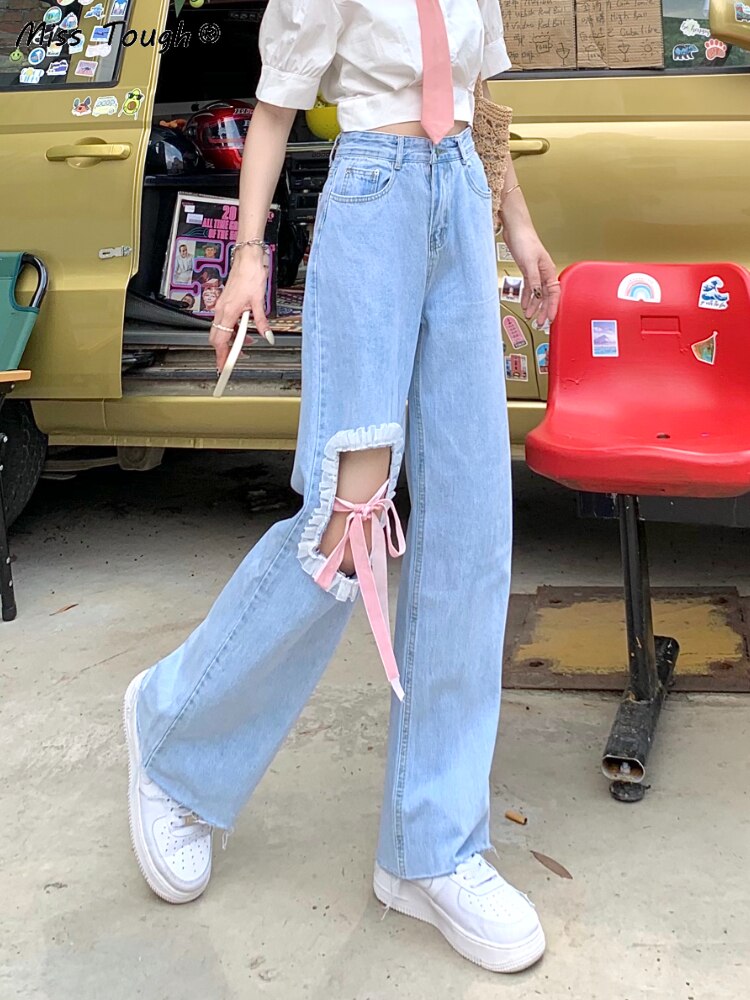 Blue Korean Style Kawaii Sweet Jeans Women Japanese High Waist Casual Cute Jeans Female Bow Bandage Wide-legged Pants Summer