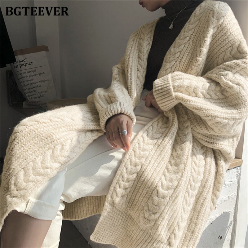 Bgteever vintage løs kvindelig lang sweater cardigans tykke varme kvinder snoet strikket cardigan efterår vinterfrakke