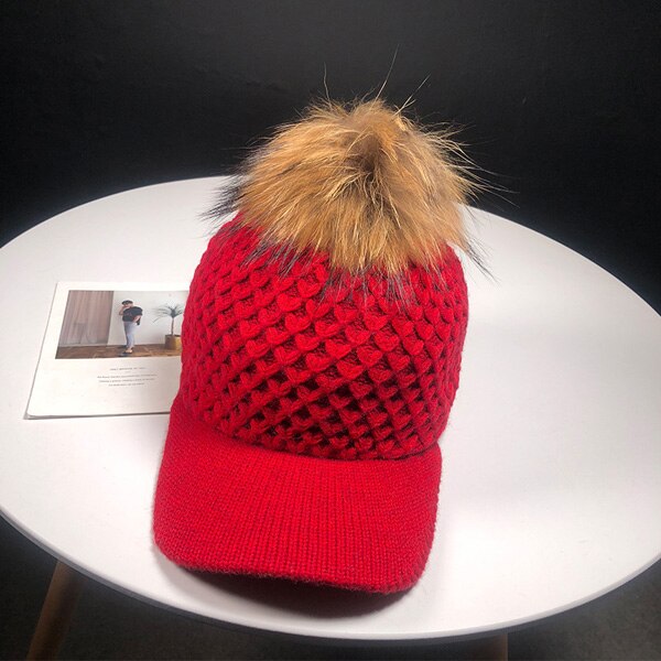 Herfst winter muts effen gebreide baseball pet met fuax bont pompons bal voor dames heren buiten warme gebreide muts baseball petten: Rood
