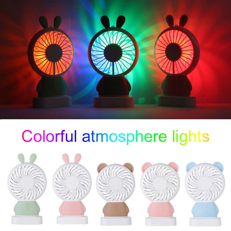 Ventilador portátil de bolsillo con luces coloridas de dibujos animados, ventilador de refrigeración para exteriores de verano de 800mAh Mini