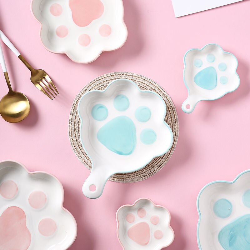 Cat's Claw Plate Handle Cute Hand-Painted Ceramic Baking Dessert Plate Creativity Salad Dish Home Kitchen Restaurant Tableware