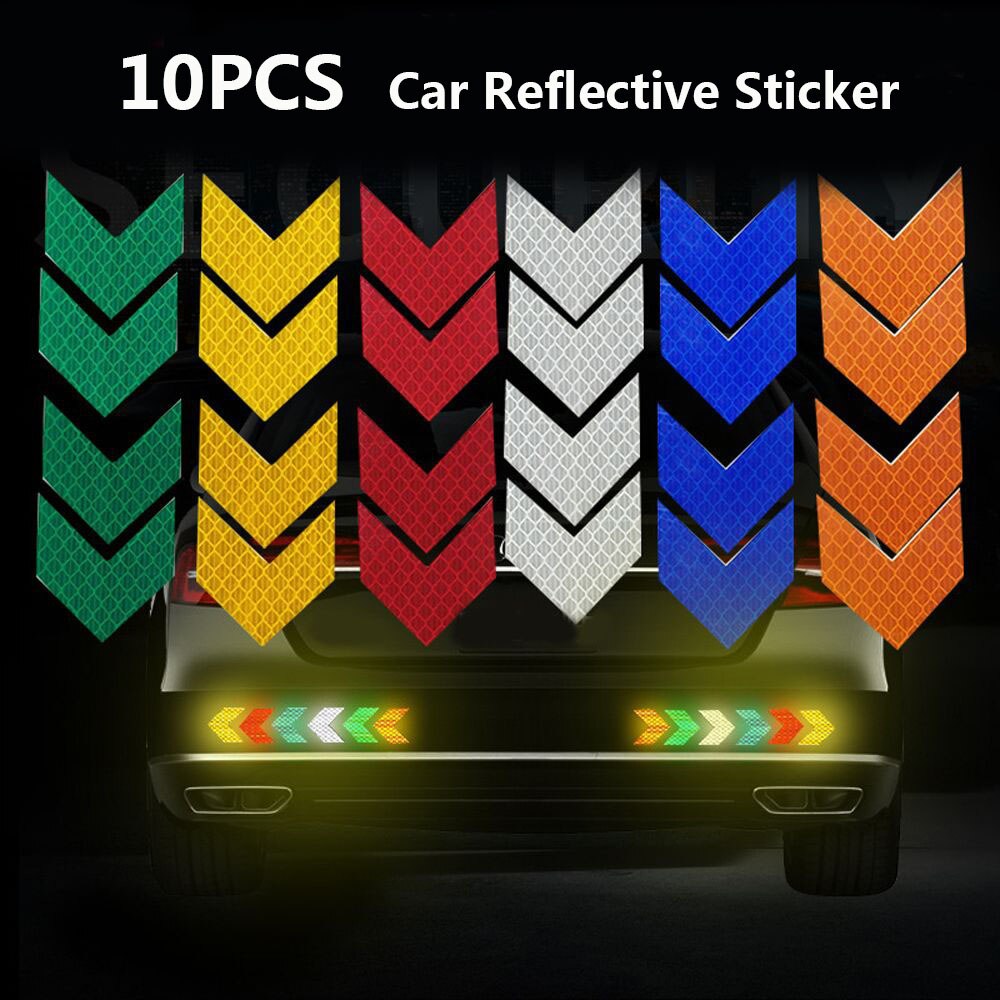 10 Pcs Reflecterende Auto Sticker Waarschuwing Decals Pijlen Patroon Motorfiets Autotrail Bar Bumper Lichtgevende Sticker Verkeer Veiligheid Mark