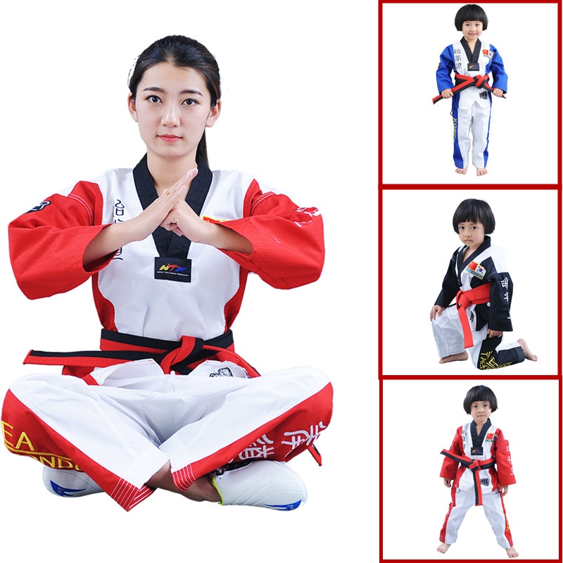 Very Good colourful Taekwondo uniform Blue WTF tae kwon do clothes Red karate dobok Chromatic TKD V-neck suit for kids