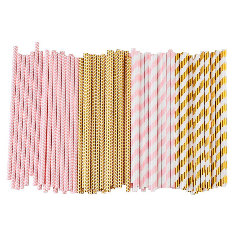 Biologisch afbreekbare papieren rietjes , 100 roze voor feestbenodigdheden, verjaardagen, bruiloften, bruids-/babyshowerdecoraties en vieringen