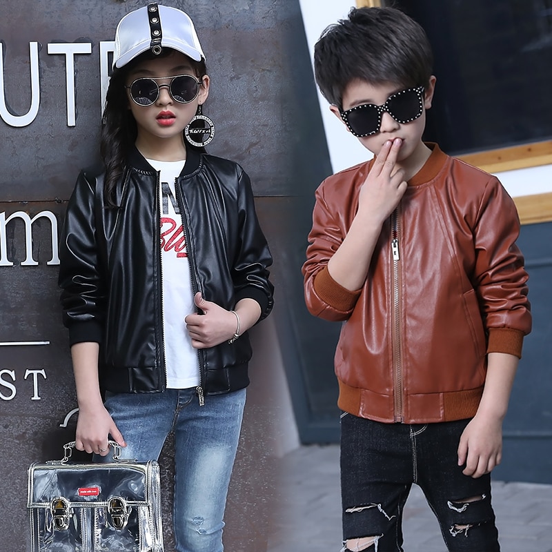 Lente Kinderen Echt Leren Jas Jongens Herfst Leren Jas Meisjes Voorjaar Pu Jas Kinderen Solid Casual Bovenkleding 3 t- 14 t