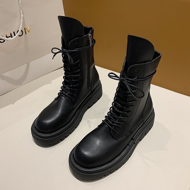 Retro støvler læder sorte støvler kvinder klumpede høje hæle snørebånd platform sko kvindelige punk stil botines mujer lynlås