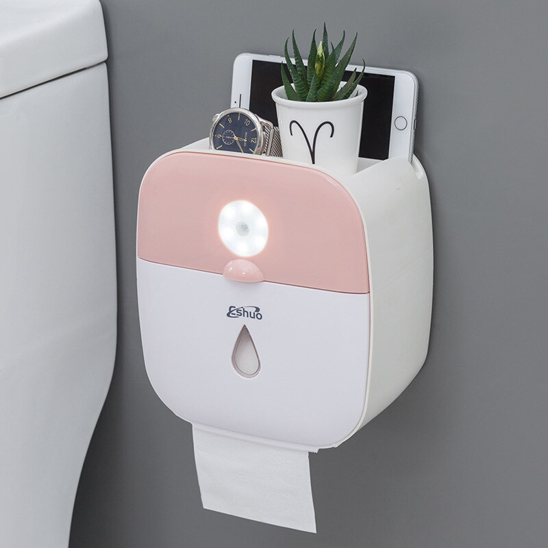 Wall Mounted Waterproof Tissue Holder Box With Human Intelligent Sensor Lamp Bathroom Paper Towel Holder For Phone Storage Box: Pink(Sensor Light)