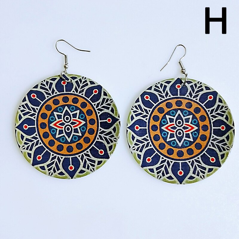 Afrykańskie kolczyki w stylu klasyczny drewniane kolczyki w stylu etnicznym kolczyki w stylu etnicznym tkanina wzór nadrukowany pętle na uszy dla damska biżuteria na prezent: H