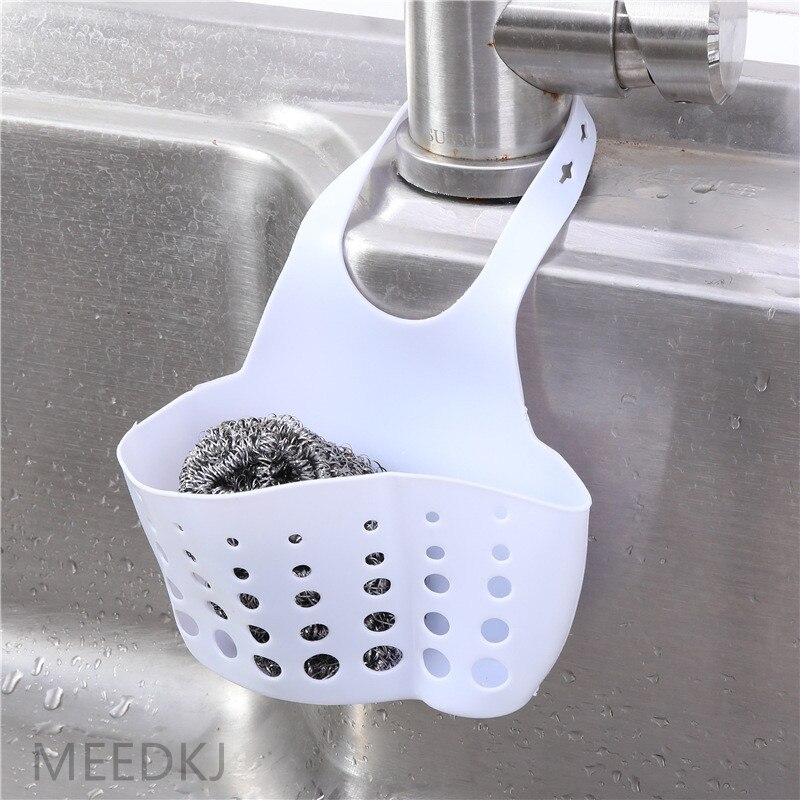 1pcs kitchen rack faucet sponge drain rack hanging adjustable snap button hanging bag sink storage hanging basket: blue-2