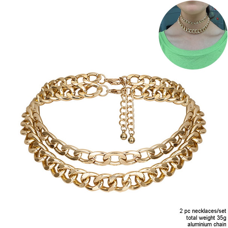 Two Layered Punk Rock Gold Aluminium Chain Choker Necklace For Women Thick Link Collar Clavicle Statement Jewelry Light Weight: N1400-GOLD