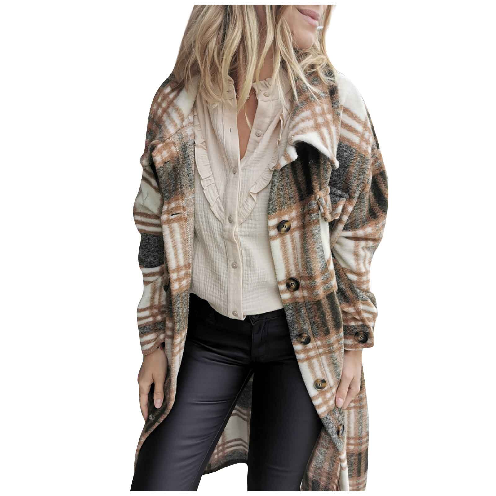 Ladies Lapel Plaid Print Long Coat Women Lattice Turn Down Collar Buttons Pockets Long Sleeve Jacket Loose Jackets Top #T2G