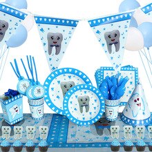 1set Boy/Girl My First Tooth Party Decor Supplies Disposable Tableware Paper Plates Cups DIY Baby Shower Birthday Tooth Balloon