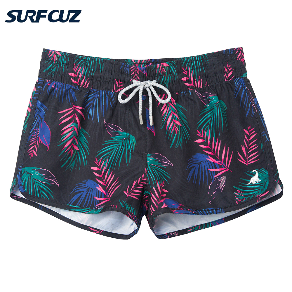 Surfcuz Vrouwen Board Shorts Quick Dry Trekkoord Surfen Sport Shorts Beachwear Leaf Print Zomer Zwemmen Shorts Met Zakken