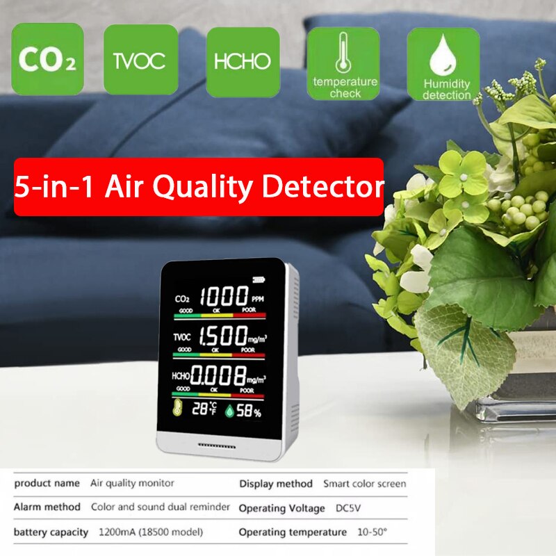 Portable Home 5 in 1 CO2 Meter Digital Temperature Humidity Sensor Tester Air Monitor Carbon Dioxide TVOC HCHO Detector