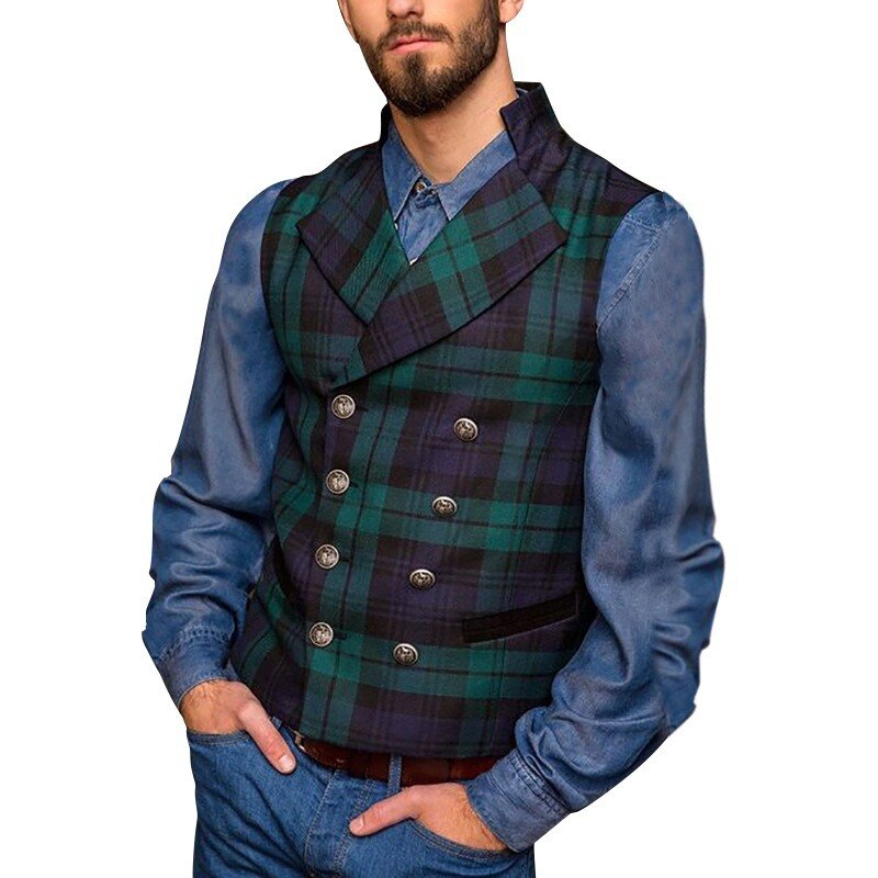 Mens Blue-Green Plaid Suit Vest Men Foramal Weeding Dress Vests Waistcoat Men Gilet Business Wedding Tuxedo Vest