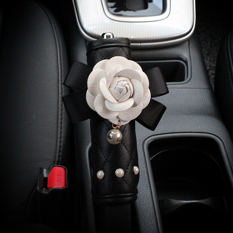 Leather Pearl Camellia Flower Car Seat Belt Cover Shoulder Pads Car Shifter Hand Brake Covers Auto Interior Accessories: 1pcs handbrake case