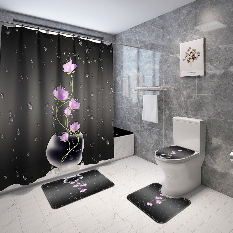 Gedrukt Bloemen Badmat En Douchegordijn Set Microfiber Wc Cover Badmat Badkamer Voet Mat Absorberende Wc Vloer Tapijt: 4pcs-805