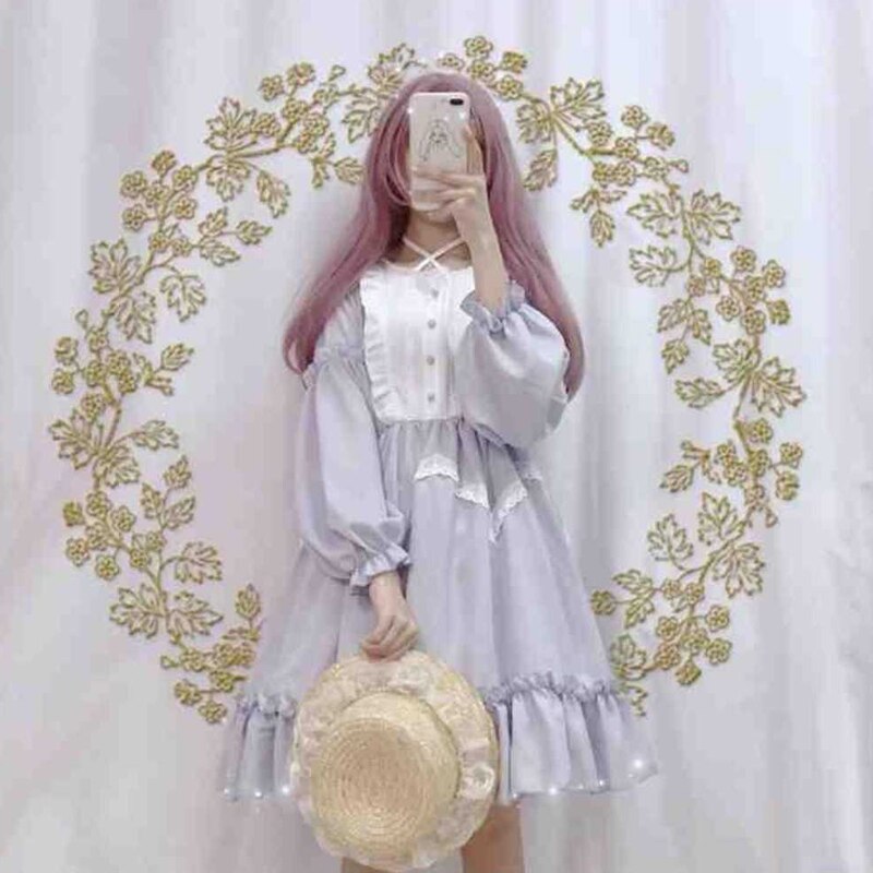 Vêtements Lolita pour filles Kawaii, robes pour femmes, vêtements de Style japonais, pour grandes adolescentes, jolie fée d'étudiant: Grey(Long Sleeve) / M