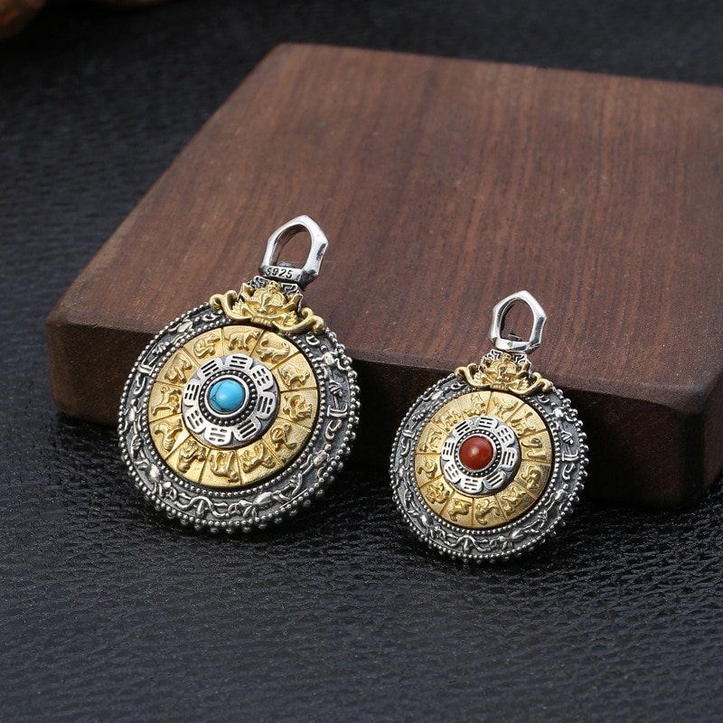 S925 Sterling Zilver Thai Zilver Graveren Zodiac Manjusri Negen Paleis Cirkel Hanger Draaien De Boeddhisme Ronde Ketting