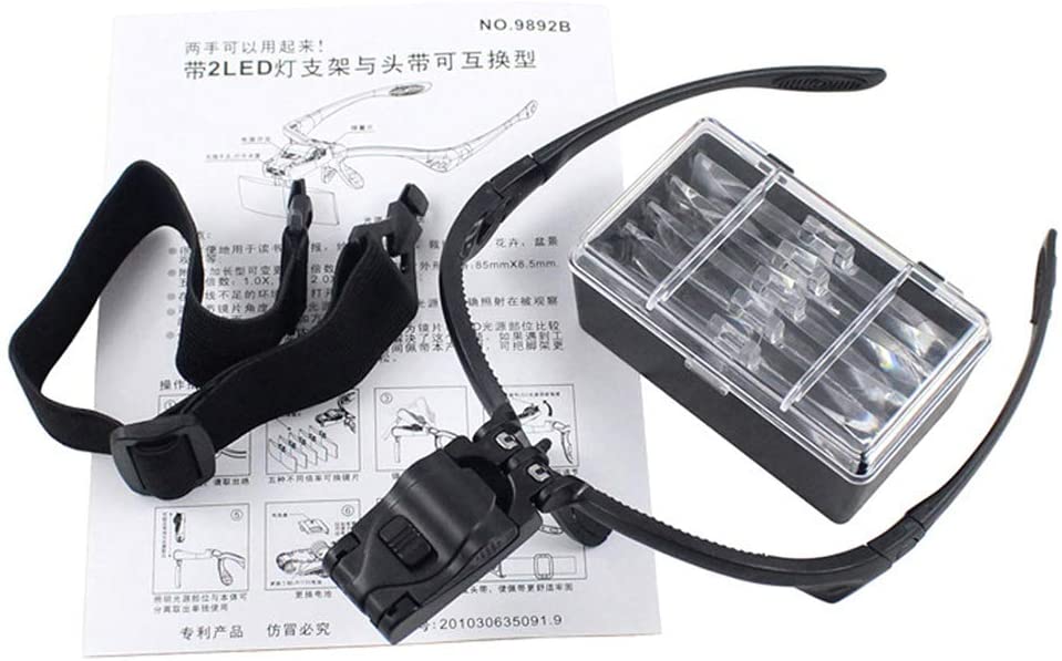 Banda para la cabeza, lupa de reparación de ojos con lupa de 2 luces LED 1,0/1,5/2,0/2,5/3,5x5PC, gafas, lupa de lente óptica (sin batería)