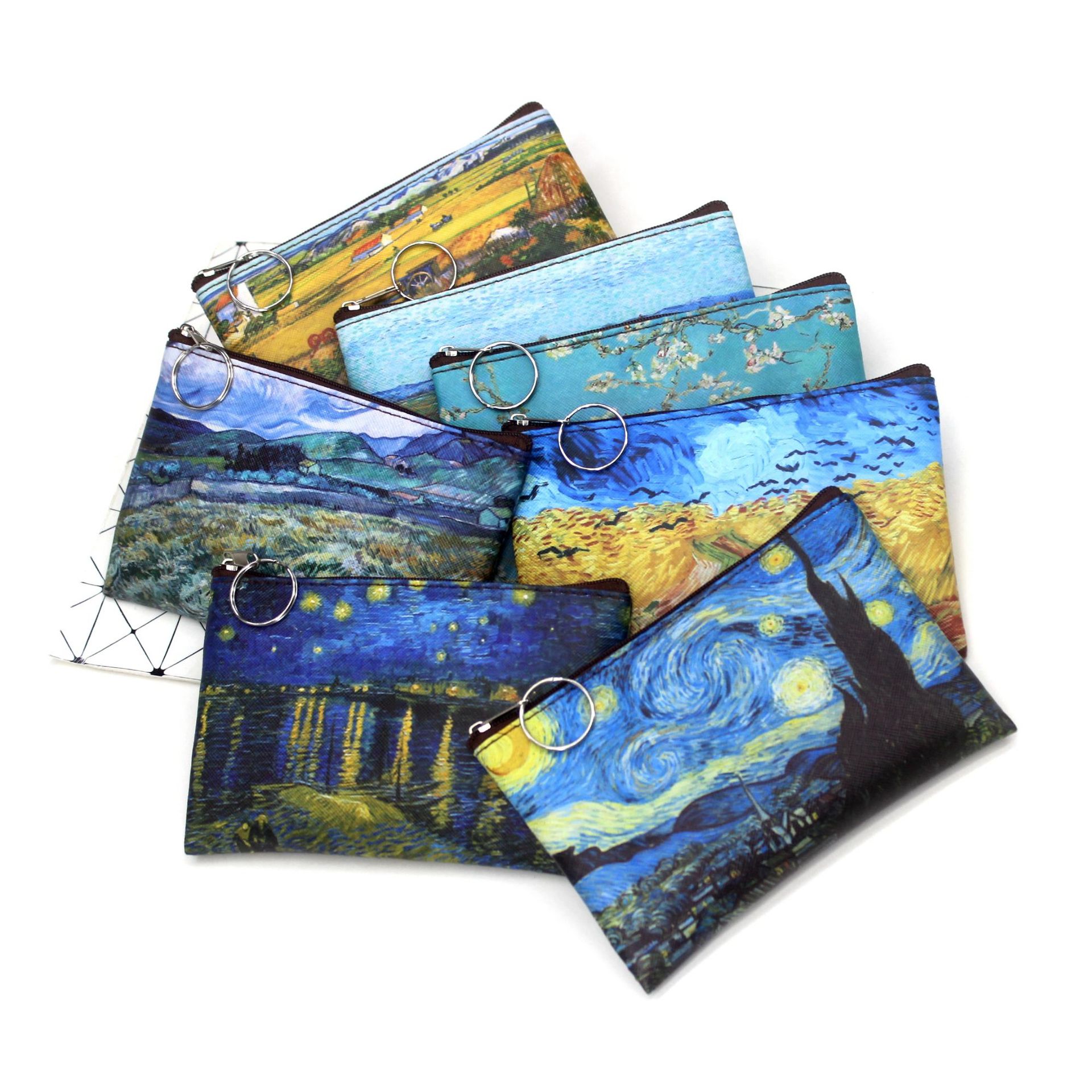 Vintage Olieverfschilderij Canvas Cosmetische Tas Van Gogh Art Zonnebloem Ster Maan Nacht Make-Up Tas Reismunt Portemonnee Portemonnee