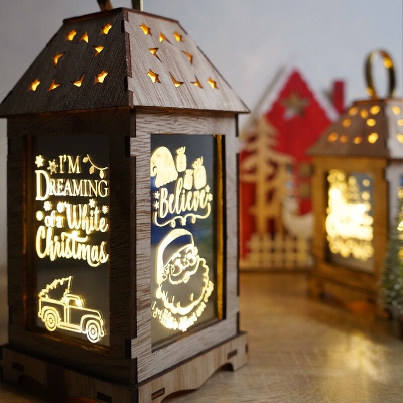 Lichten Houten Kerst Decoratie Wind Lantaarn Led Lichtgevende Creatieve Ornamenten Draagbare Lantaarn