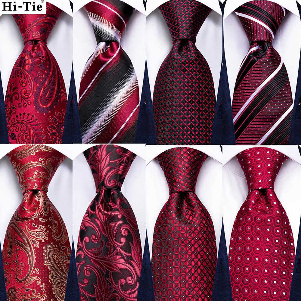 Hi-Tie Bourgondië Paisley Gestreepte Zijden Bruiloft Stropdas Voor Mannen Mens Stropdas Hanky Manchetknopen Set Business Party