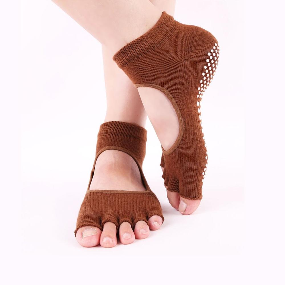 Finger tå separate sokker kvinde silikone skridsikre tå sokker bomuld pilates yoga sømløse sokker: Brun