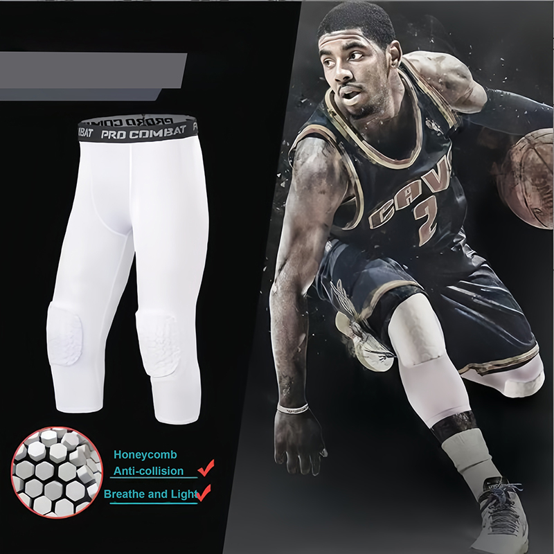 Pantalon de compression de basket-ball avec genouillères pour hommes et garçons, collants de sport de longueur 3/4, leggings d'entraînement rembourrés en accent d'abeille à séchage rapide